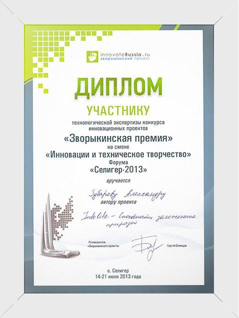Диплом участника конкурса инновационных проектов «Зворыкинская премия»